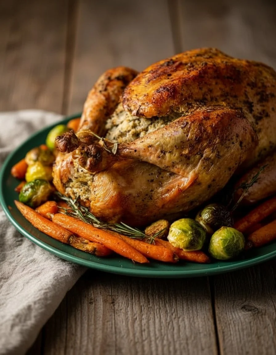 Herb-roasted stuffed chicken dish garnished with herbs