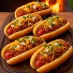 A gourmet hot dog topped with fresh ingredients and served on a wooden platter.