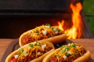 A gourmet hot dog topped with fresh ingredients and served on a wooden platter.