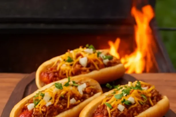 A gourmet hot dog topped with fresh ingredients and served on a wooden platter.