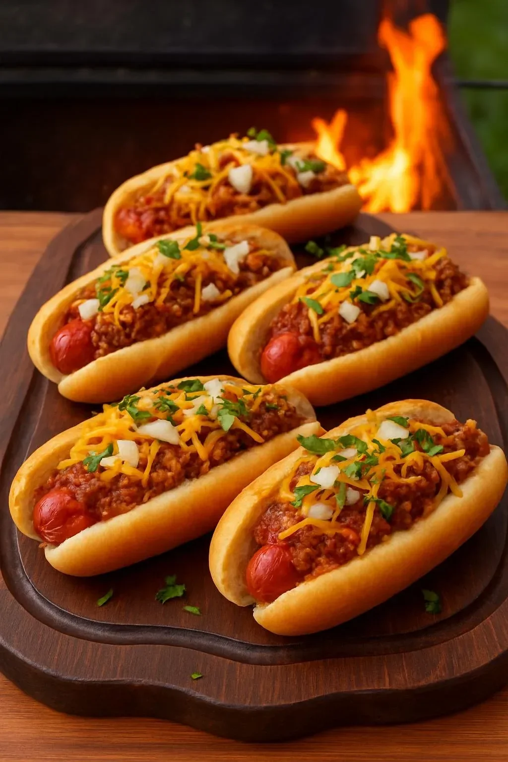A gourmet hot dog topped with fresh ingredients and served on a wooden platter.