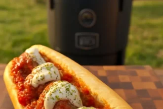 Delicious meatball sub with marinara sauce and cheese on a fresh sub roll