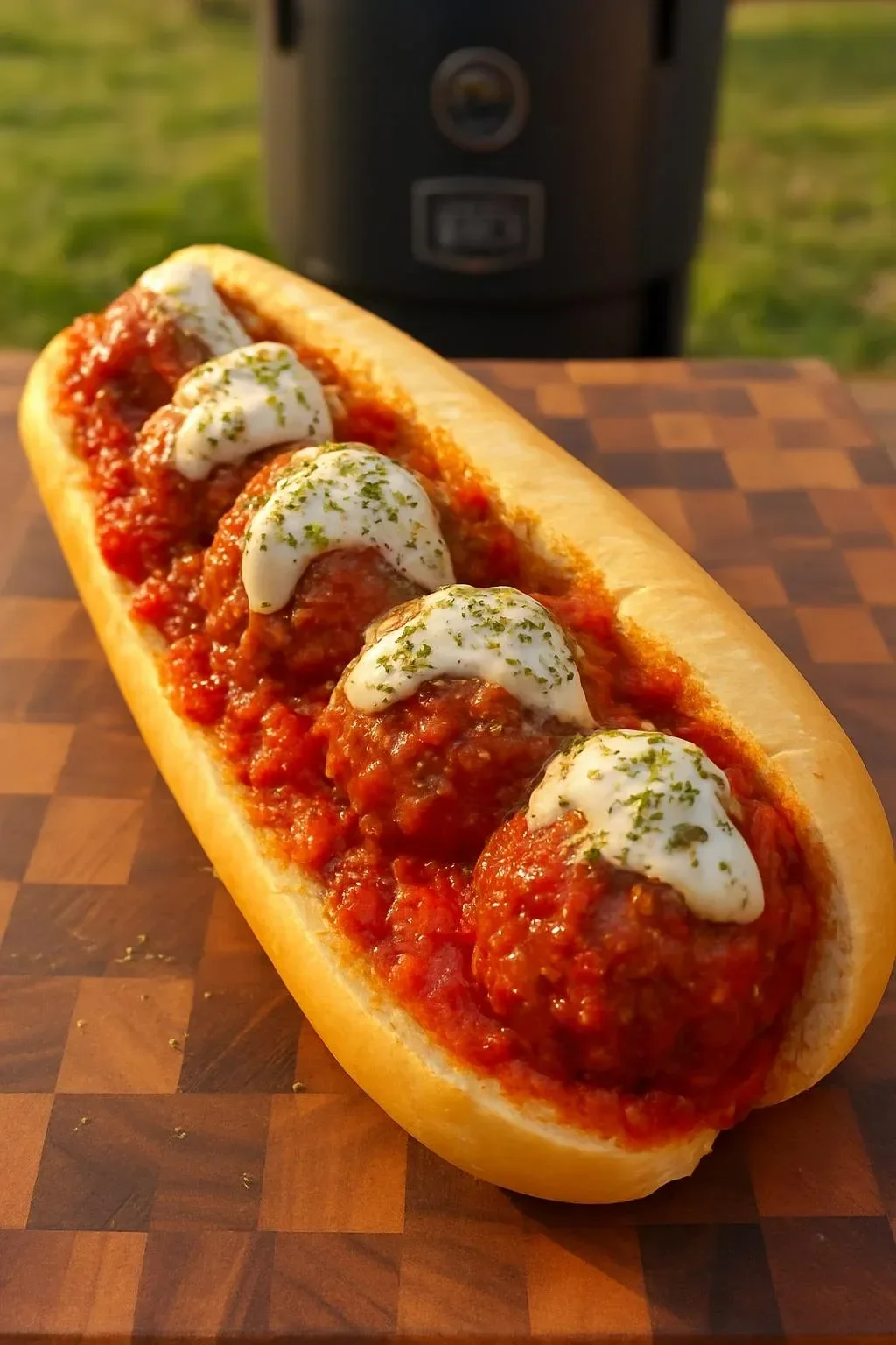 Delicious meatball sub with marinara sauce and cheese on a fresh sub roll