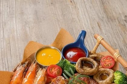 Delicious mixed grill platter featuring assorted meats and dipping sauces