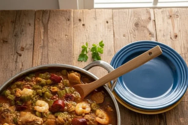 Delicious Okra Stew featuring Chicken, Sausage, Shrimp, and Crawfish Tails