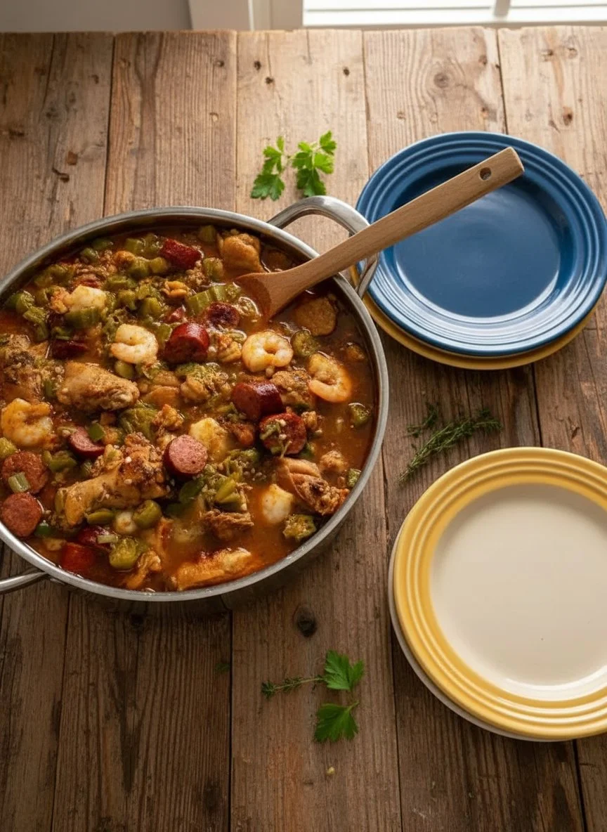 Delicious Okra Stew featuring Chicken, Sausage, Shrimp, and Crawfish Tails