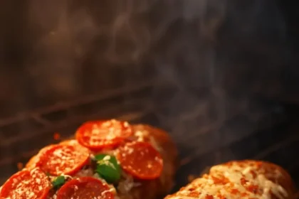 Colorful pizza skewers with various toppings on display