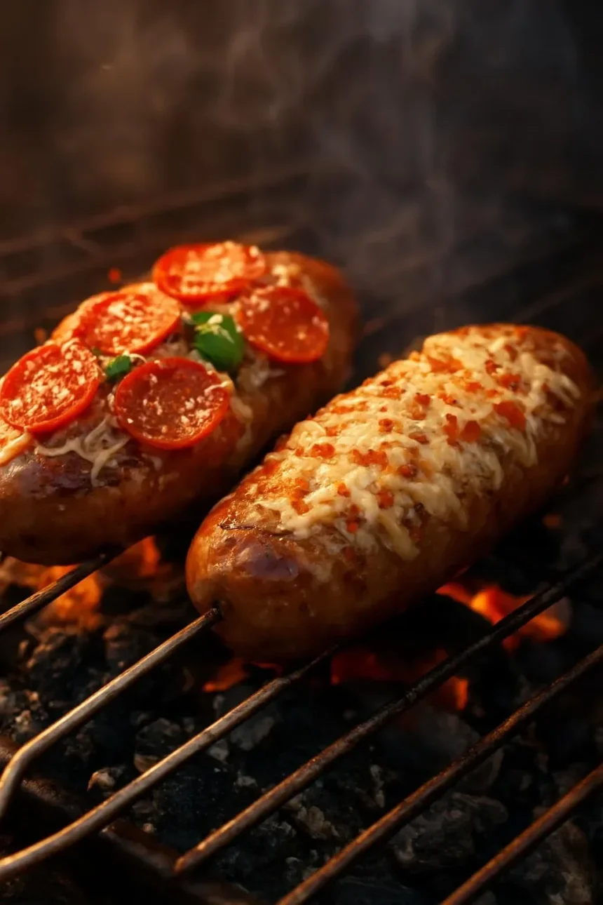 Colorful pizza skewers with various toppings on display