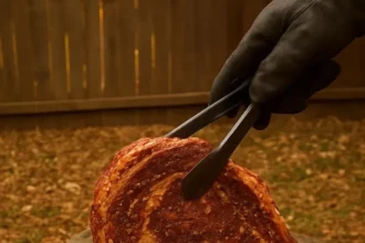 Juicy prime rib roast seasoned and cooked to perfection, garnished with herbs.