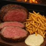 Succulent prime rib roast cooked to perfection, garnished and ready to serve.