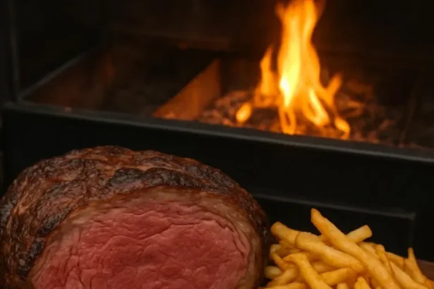 Succulent prime rib roast cooked to perfection, garnished and ready to serve.