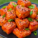 Plate of savory Salmon Burnt Ends with garnishes.