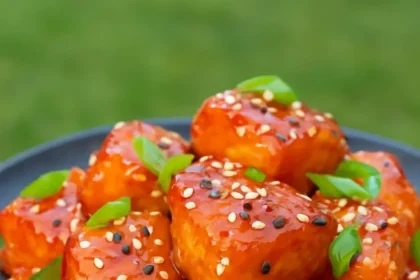 Plate of savory Salmon Burnt Ends with garnishes.
