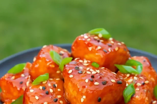Plate of savory Salmon Burnt Ends with garnishes.