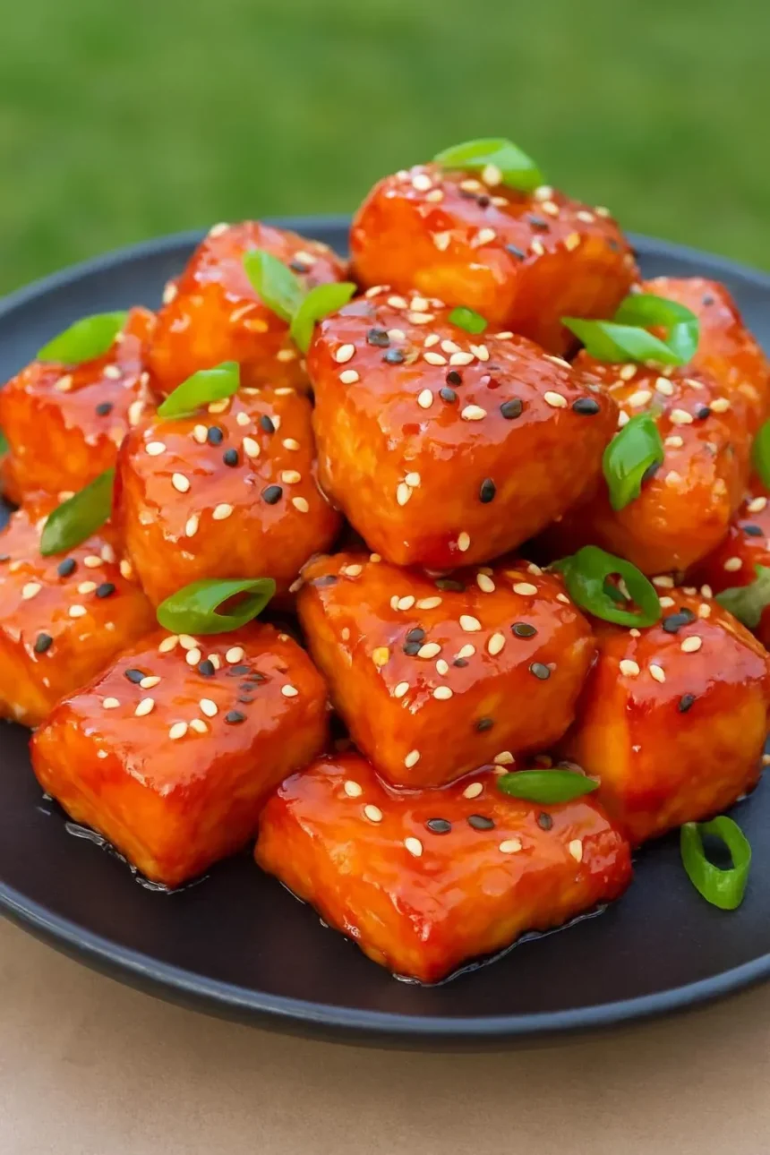 Plate of savory Salmon Burnt Ends with garnishes.