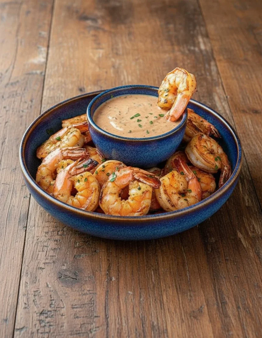 Smoky chipotle grilled shrimp served with zesty ranch sauce on a platter