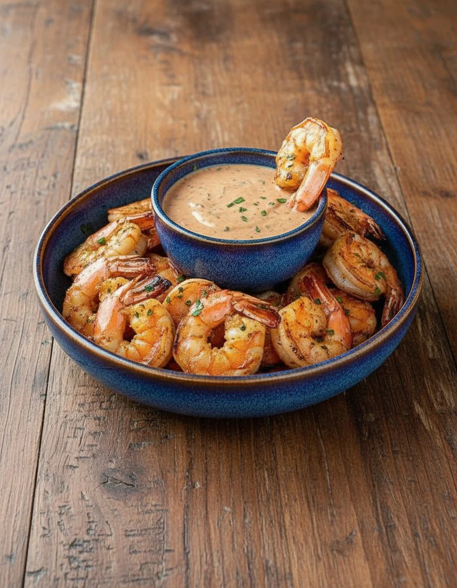 Smoky chipotle grilled shrimp served with zesty ranch sauce on a platter