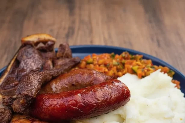 South African barbecue plate featuring pap, grilled steak, and sausage