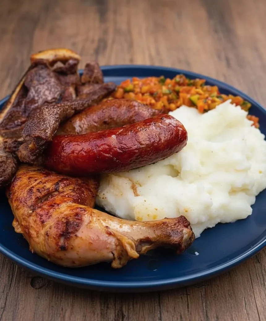 South African barbecue plate featuring pap, grilled steak, and sausage