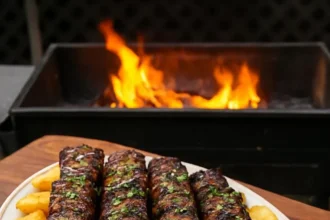 Juicy steak skewers wrapped in crispy bacon ready for grilling