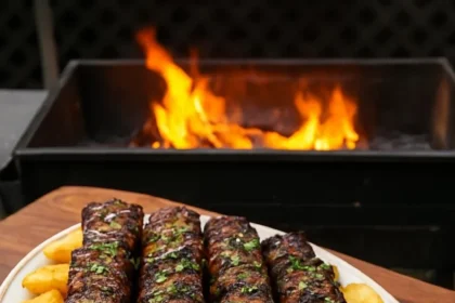 Juicy steak skewers wrapped in crispy bacon ready for grilling