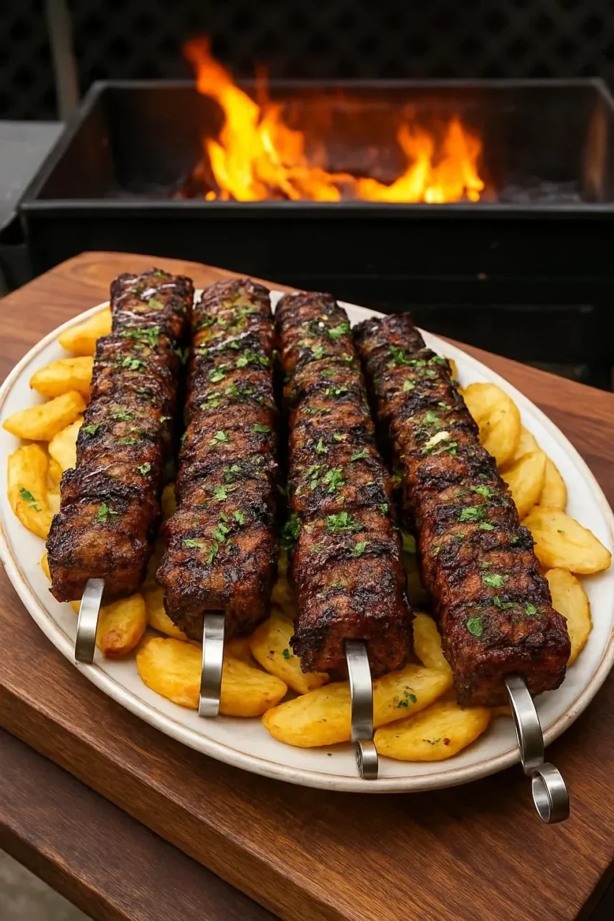 Juicy steak skewers wrapped in crispy bacon ready for grilling