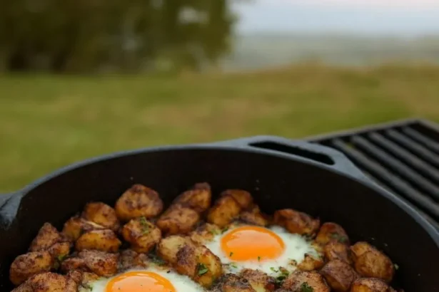 Plate of steak, eggs, and roasted potatoes served for breakfast.