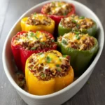 Colorful stuffed peppers filled with rice, beans, and vegetables on a plate