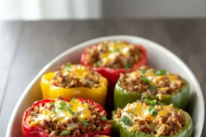 Colorful stuffed peppers filled with rice, beans, and vegetables on a plate