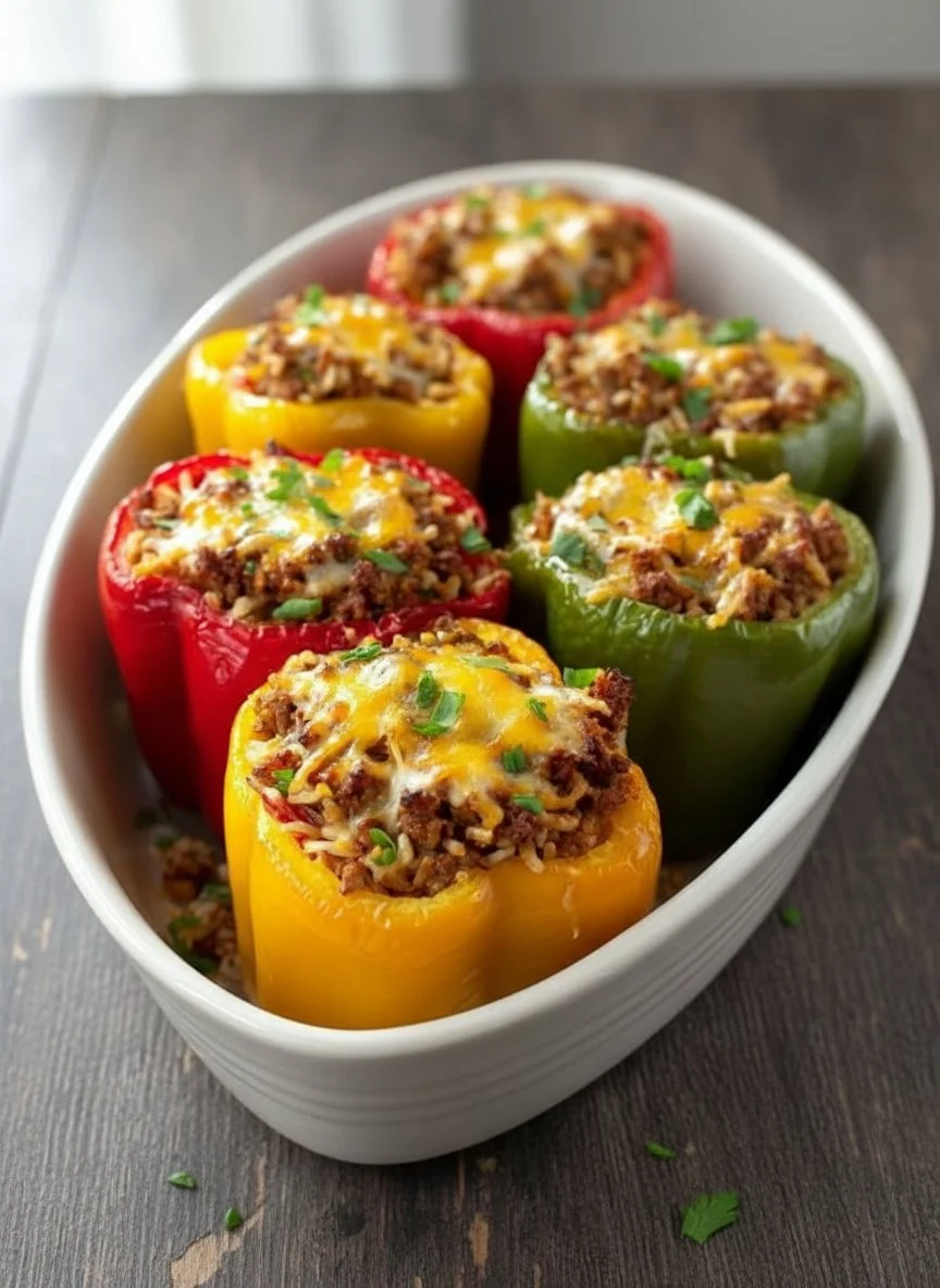 Colorful stuffed peppers filled with rice, beans, and vegetables on a plate