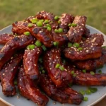 Deliciously cooked ribs served with barbecue sauce and sides