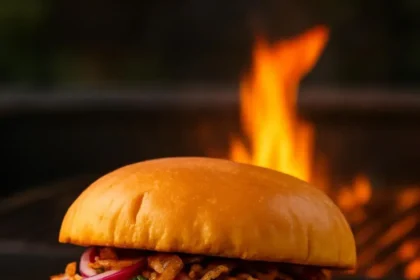 Delicious Choripan Burger served on a rustic wooden table