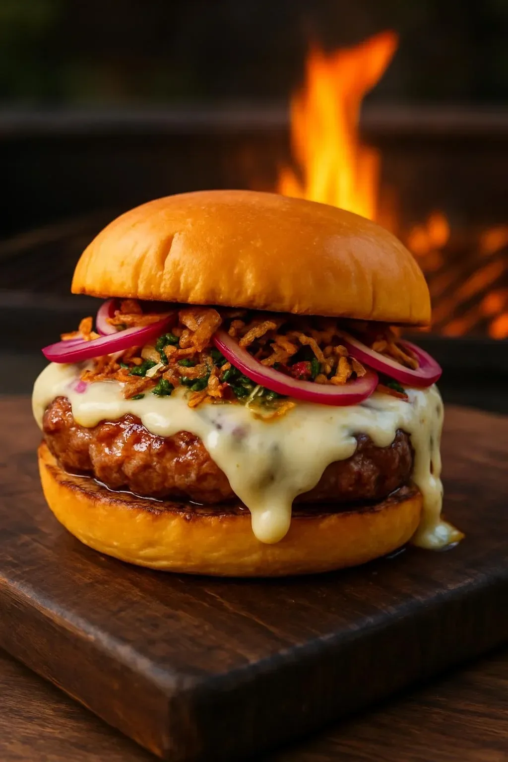 Delicious Choripan Burger served on a rustic wooden table
