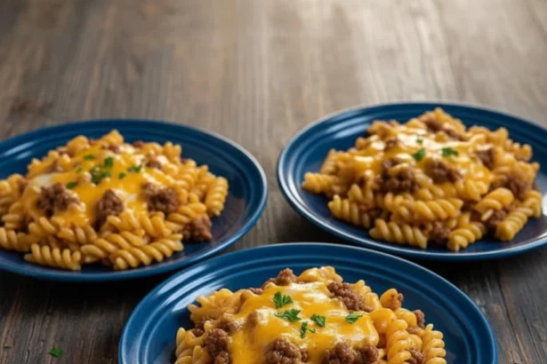 Delicious cheesy sloppy cheeseburger pasta in a bowl, garnished with fresh herbs