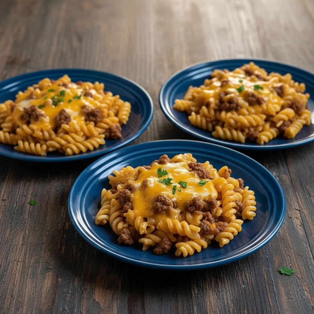 Delicious cheesy sloppy cheeseburger pasta in a bowl, garnished with fresh herbs