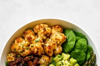 Bulgogi bowl with roasted spring vegetables for a healthy meal