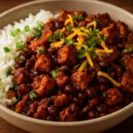 Chorizo Tofu Burrito Bowl with fresh vegetables and toppings