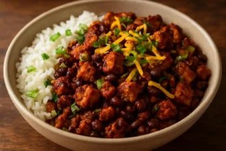 Chorizo Tofu Burrito Bowl with fresh vegetables and toppings