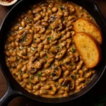 Creamy Mushroom White Bean Stroganoff served in a bowl with fresh herbs