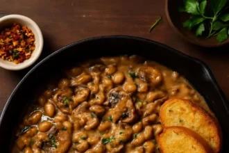 Creamy Mushroom White Bean Stroganoff served in a bowl with fresh herbs