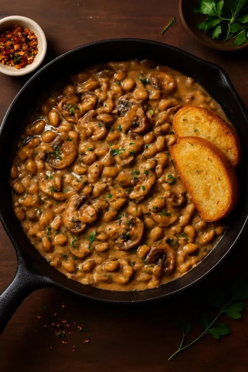 Creamy Mushroom White Bean Stroganoff served in a bowl with fresh herbs