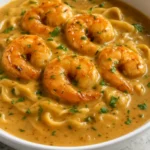 Bowl of creamy tortellini soup garnished with herbs and cheese