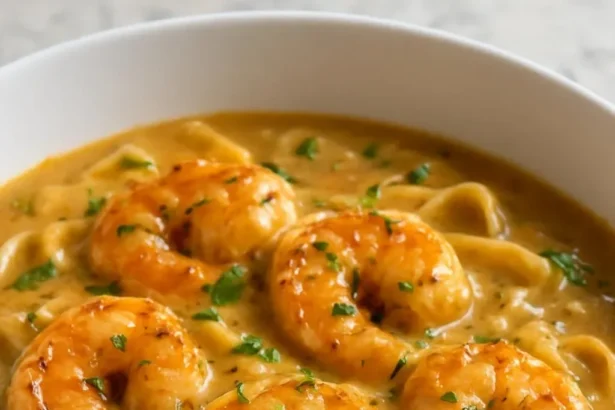 Bowl of creamy tortellini soup garnished with herbs and cheese