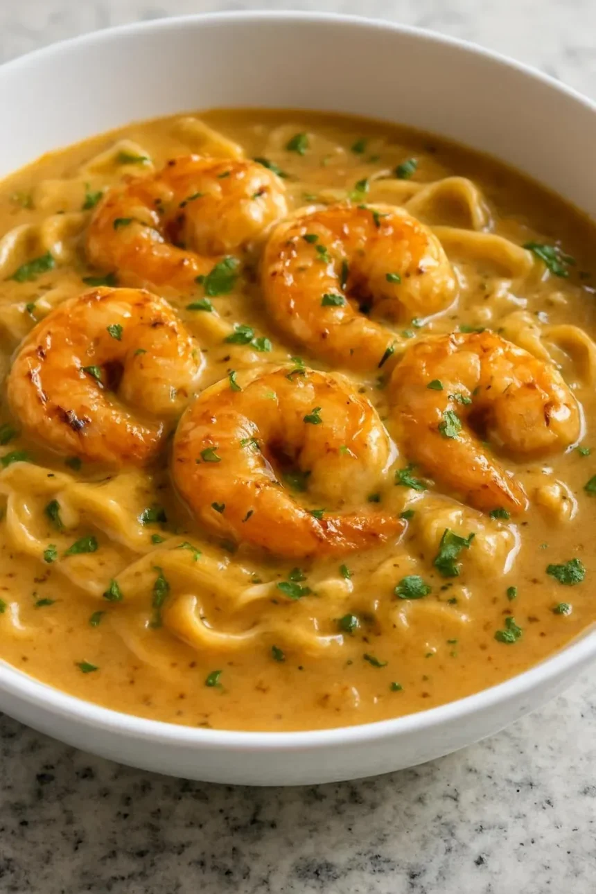 Bowl of creamy tortellini soup garnished with herbs and cheese