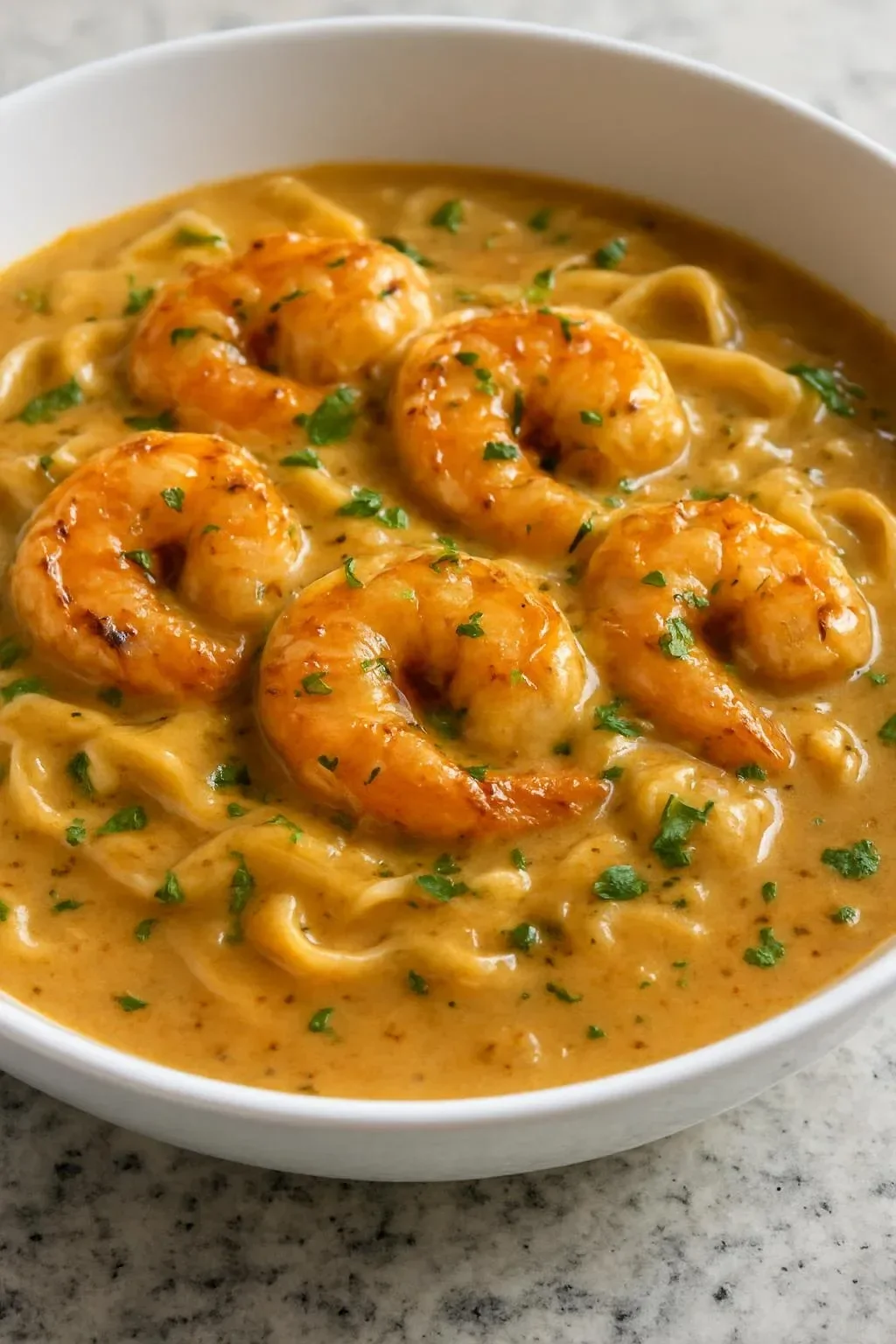 Bowl of creamy tortellini soup garnished with herbs and cheese