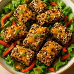 Crispy sesame crusted tofu served with dipping sauce and garnished with sesame seeds.