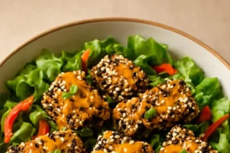Crispy sesame crusted tofu served with dipping sauce and garnished with sesame seeds.