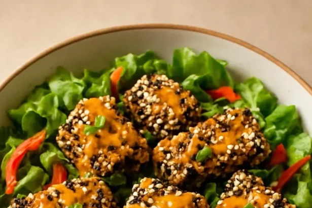 Crispy sesame crusted tofu served with dipping sauce and garnished with sesame seeds.