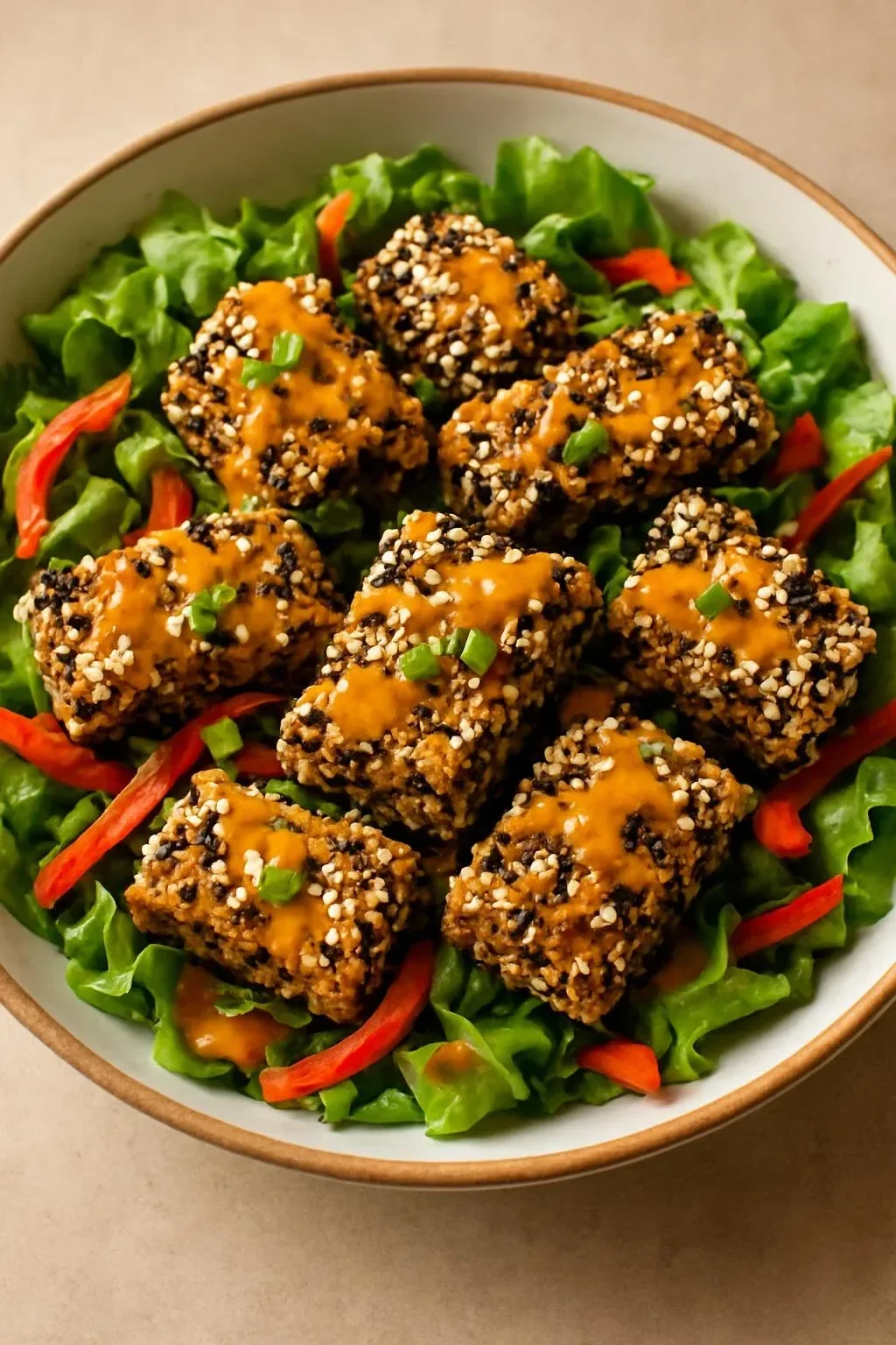 Crispy sesame crusted tofu served with dipping sauce and garnished with sesame seeds.