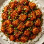 Plate of crispy spicy tofu garnished with herbs and served with dipping sauce.